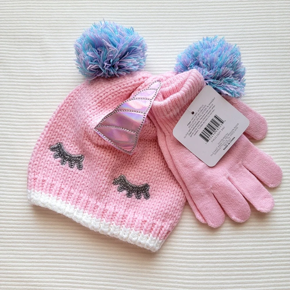 Space Bun Unicorn Eyelashes Knit Hat and Glove Set Winter Wear for Little Girl